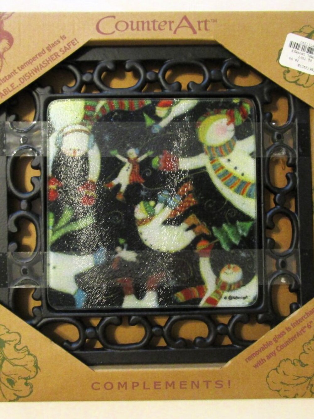 Counter Art Tempered Glass Tumbling Snowmen Trivet, New in Box